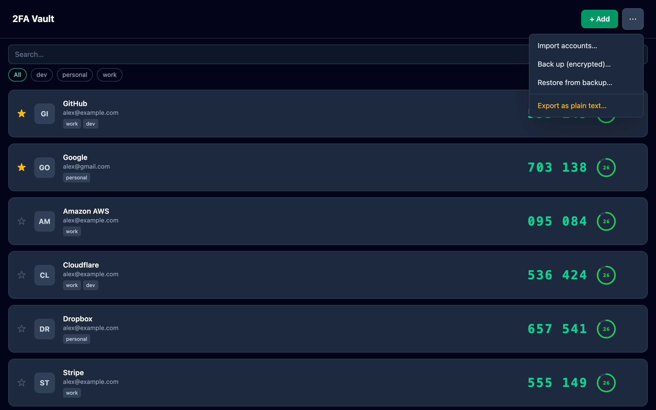 Backup menu showing encrypted backup, restore, and export options