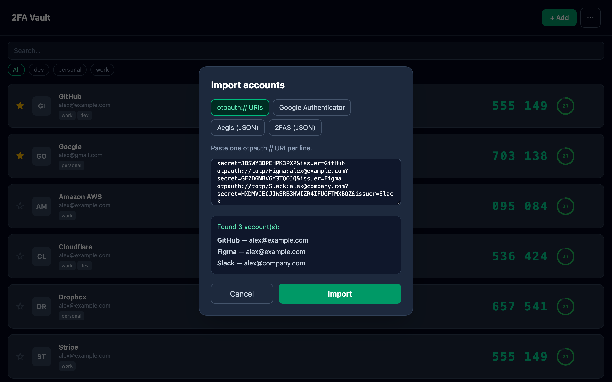 Import dialog with sources for Google Authenticator, Aegis, 2FAS, and otpauth links and a live preview