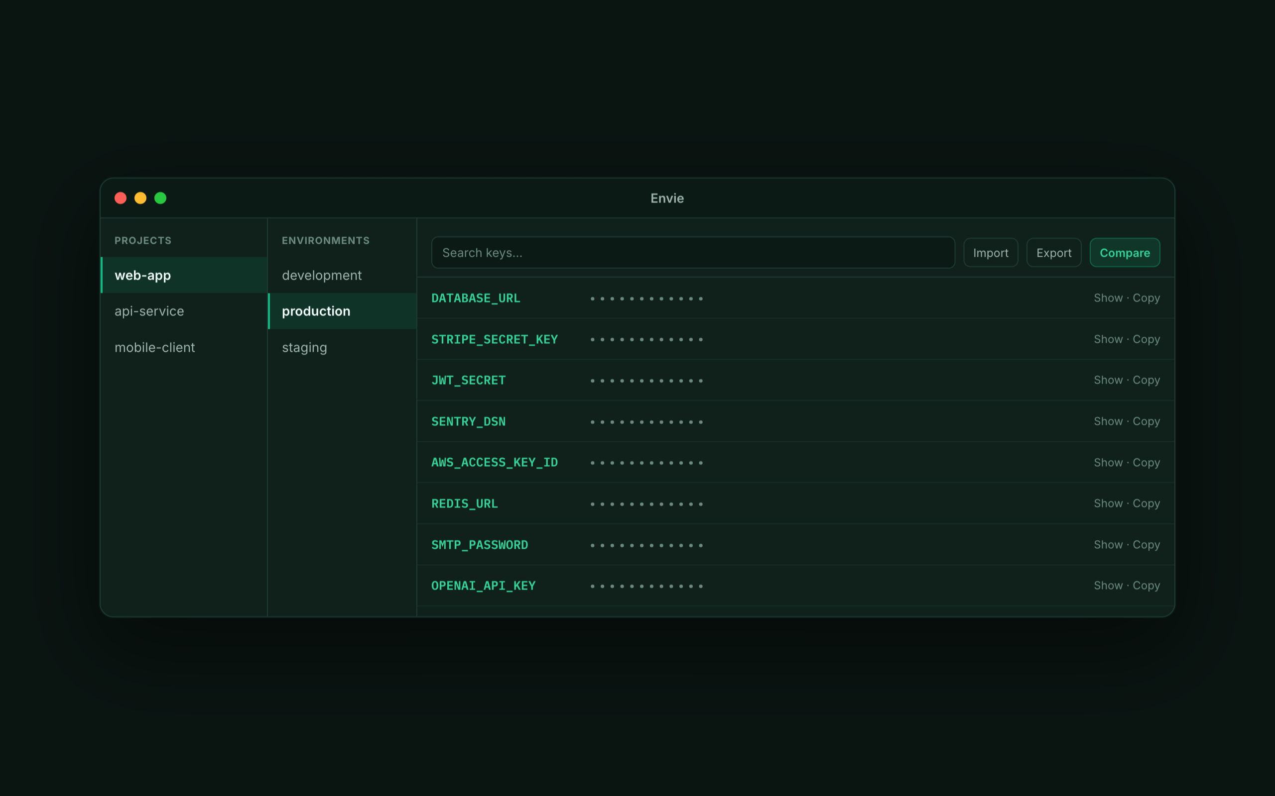 Envie showing .env secrets grouped by project and environment