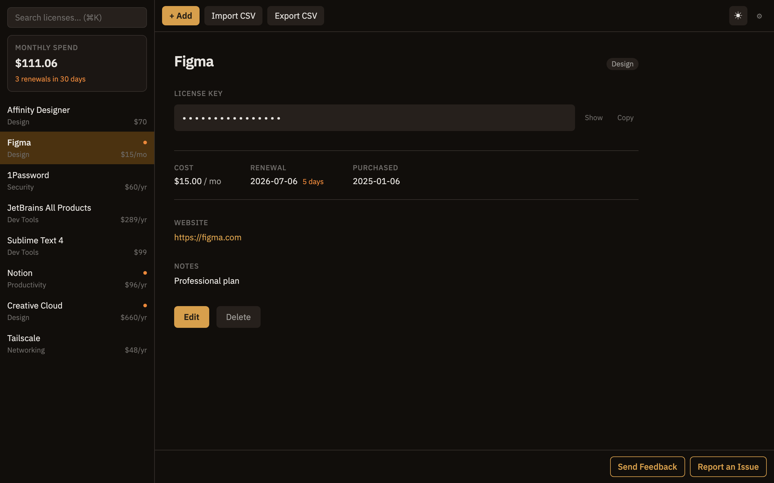 Lycense in dark mode showing a license with a renewal countdown